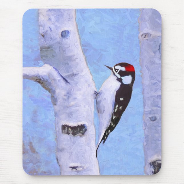 Tapis De Souris Downy Woodpecker Painting - Original Bird Art (Devant)