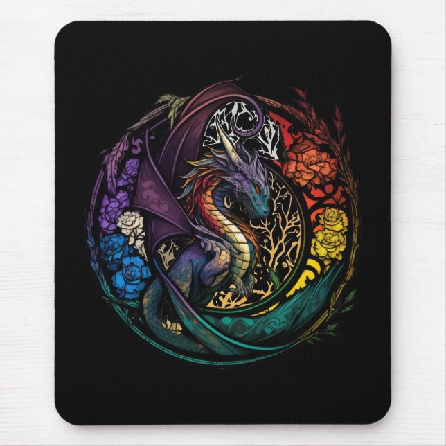 Tapis De Souris Dragon Animal Portrait Vitrail Faune Libre (Devant)
