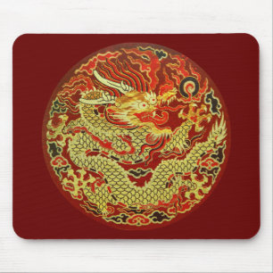 Tapis De Souris Dragon asiatique doré brodé sur rouge foncé