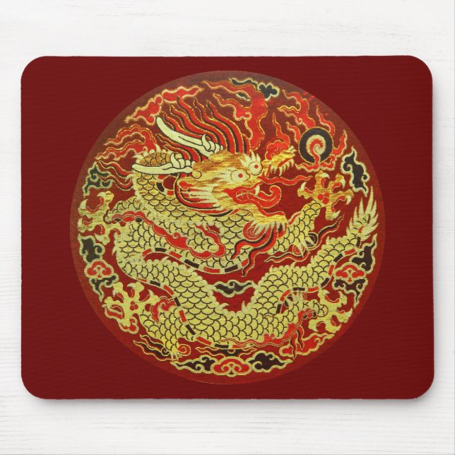 Tapis De Souris Dragon asiatique doré brodé sur rouge foncé (Devant)