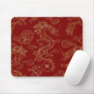 Tapis De Souris Dragon chinois or et rouge foncé