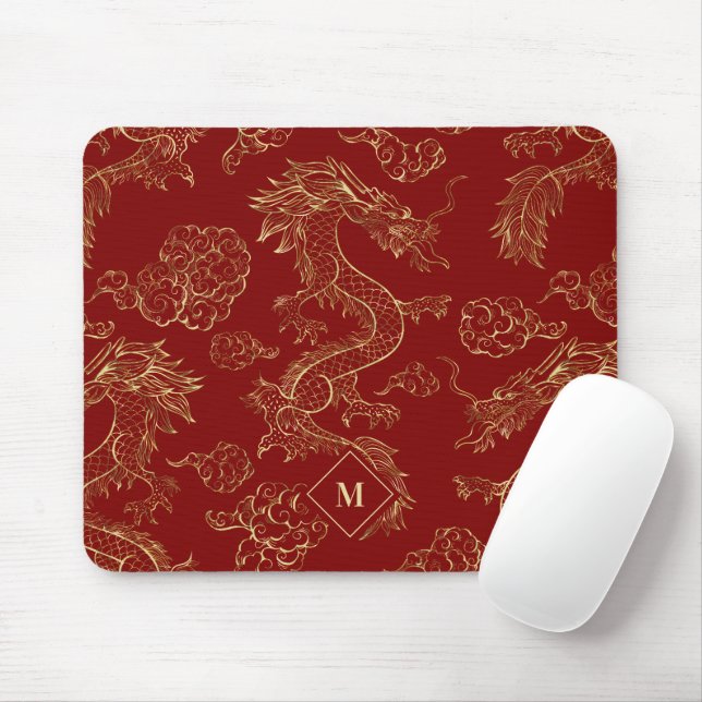 Tapis De Souris Dragon chinois or et rouge foncé (Avec souris)
