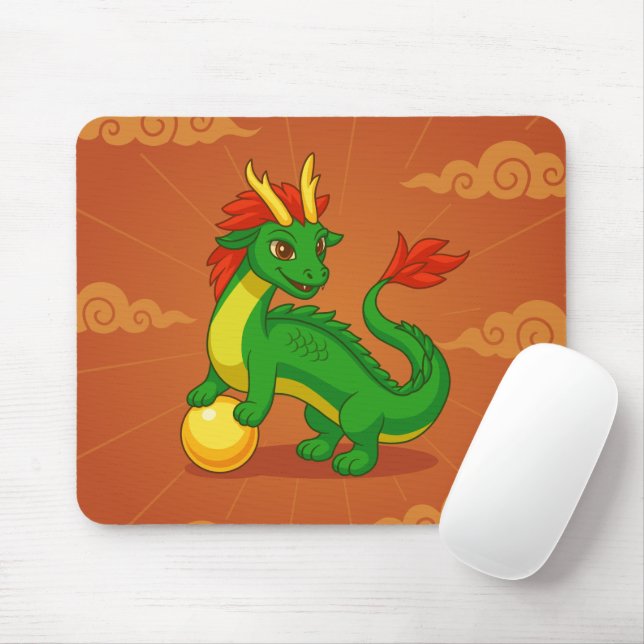 Tapis De Souris Dragon Chinois Vert sur Fond Rouge (Avec souris)