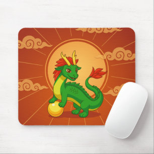 Tapis De Souris Dragon Chinois Vert sur Fond Rouge