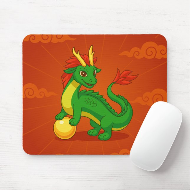 Tapis De Souris Dragon Chinois Vert sur Fond Rouge (Avec souris)