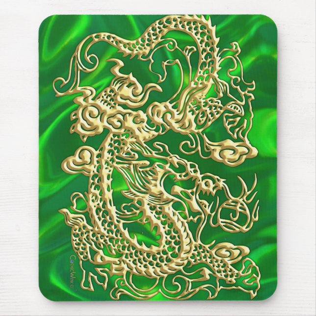 Tapis De Souris Dragon d'or embouti sur papier texturé satiné vert (Devant)