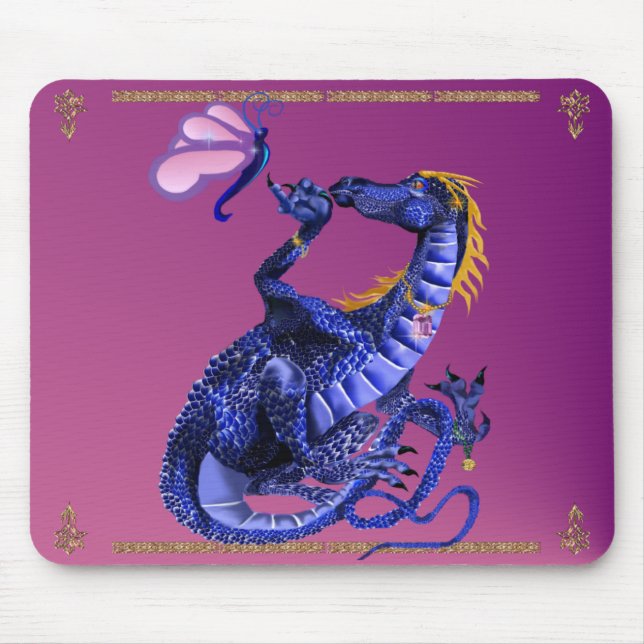 Tapis De Souris Dragon et papillon bleus Mousepad (Devant)