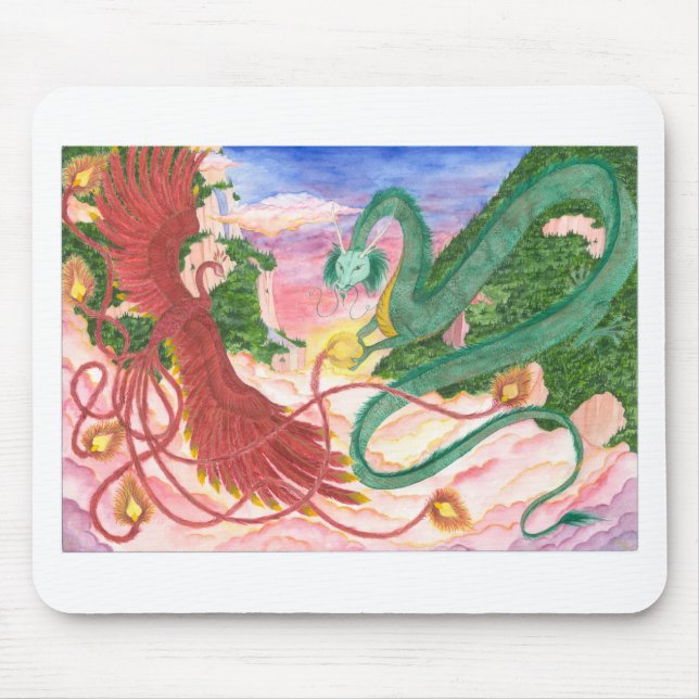 Tapis De Souris Dragon et Phoenix de coucher du soleil de forêt (Devant)