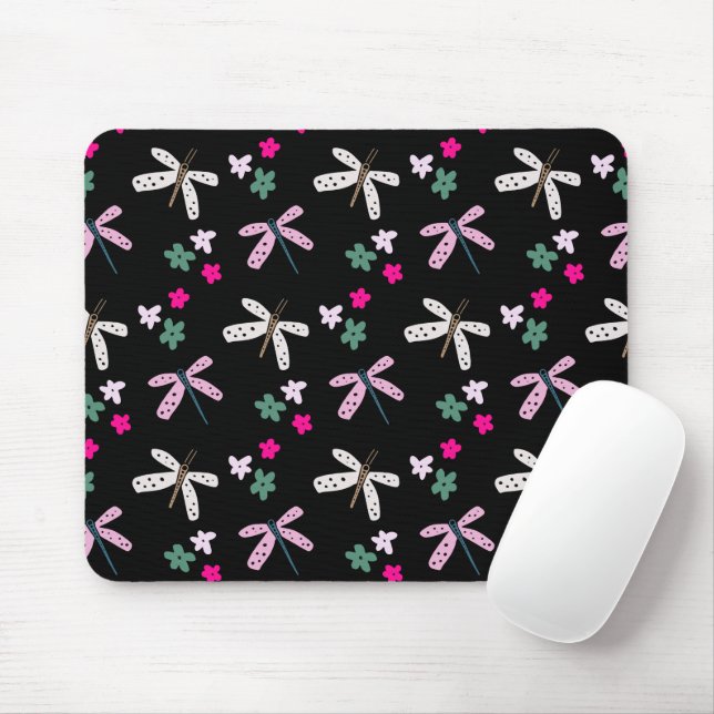 Tapis De Souris Dragonflies et Fleurs sur le noir (Avec souris)