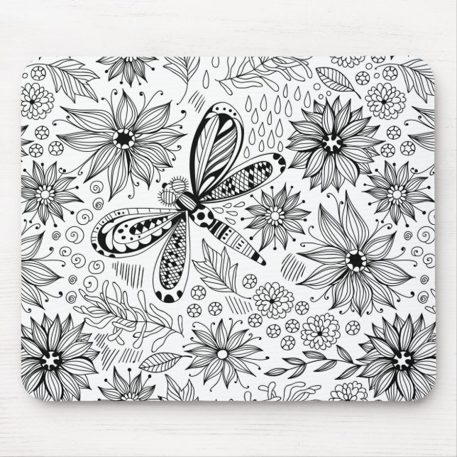 Tapis De Souris Dragonfly et doodle de fleurs (Devant)