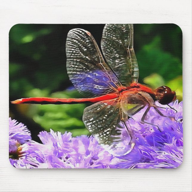Tapis De Souris Dragonfly rouge sur Violet Violet Fleurs (Devant)