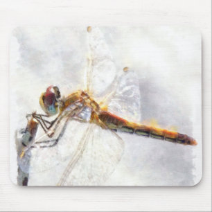 Tapis De Souris Dragonfly Watercolor Pastel White Background