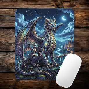 Tapis De Souris Dragons célestes éclairés par la lune et château