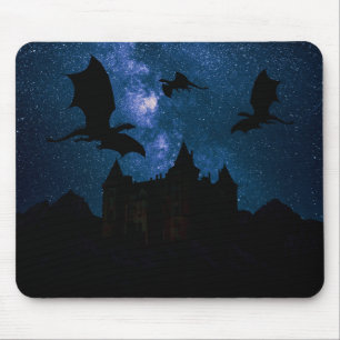 Tapis De Souris Dragons volant, château étoilé de minuit de dragon