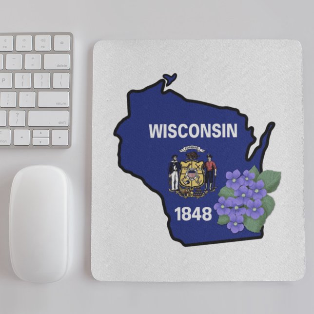 Tapis De Souris Drapeau d'état du Wisconsin et fleur bleu commun V (Créateur téléchargé)