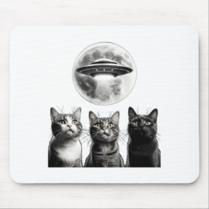Tapis De Souris Drôle 3 Chats Effrayés Lune Ufo Alien Invasion De