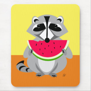 Tapis De Souris Drôle Cartoon Raccoon Manger Watermelon
