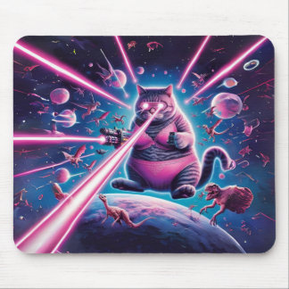 Tapis De Souris Drôle chat géant et dinosaures dans l'espace