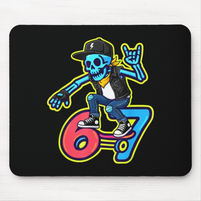 Tapis De Souris Drôle de squelette skater 67 Mème Rétro skateboard (Devant)