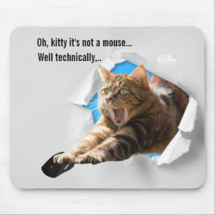 Tapis De Souris Drôle Gray Cat Popping à travers l'illusion du pap