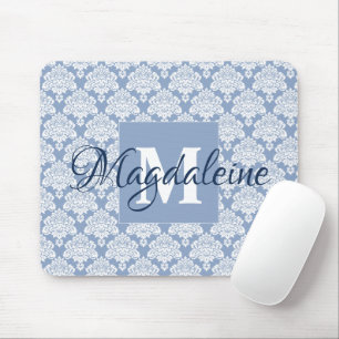 Tapis De Souris Dusty Blue & White Lacy Damask Monogramme & Nom