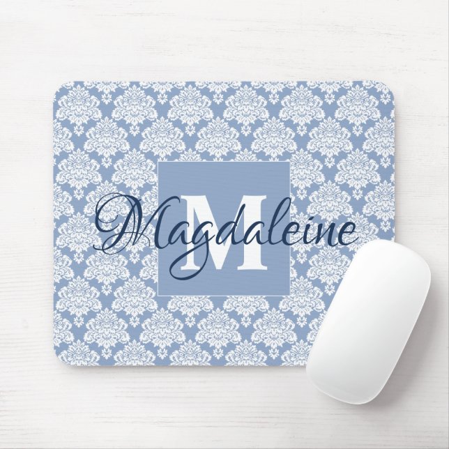 Tapis De Souris Dusty Blue & White Lacy Damask Monogramme & Nom (Avec souris)