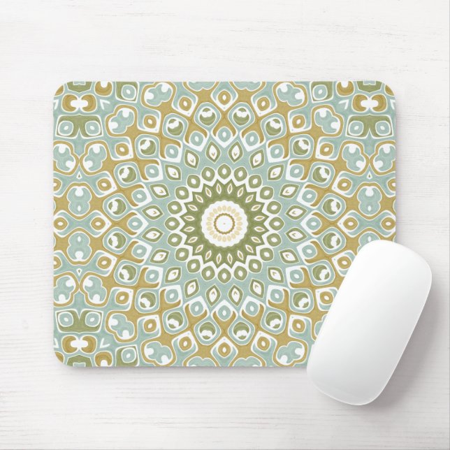 Tapis De Souris Earthy Mandala in Green, Gold, and Soft Blue (Avec souris)