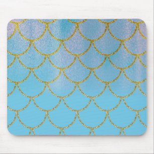 Tapis De Souris Écailles de sirène iridescentes bleu et or à paill