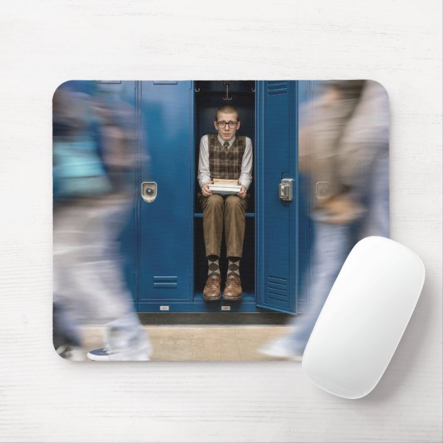 Tapis De Souris Écolier effrayé se cachant dans un casier (Avec souris)