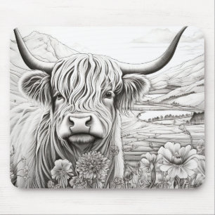 Tapis De Souris Écosse Highland Cow Nature paisible Prairie Art