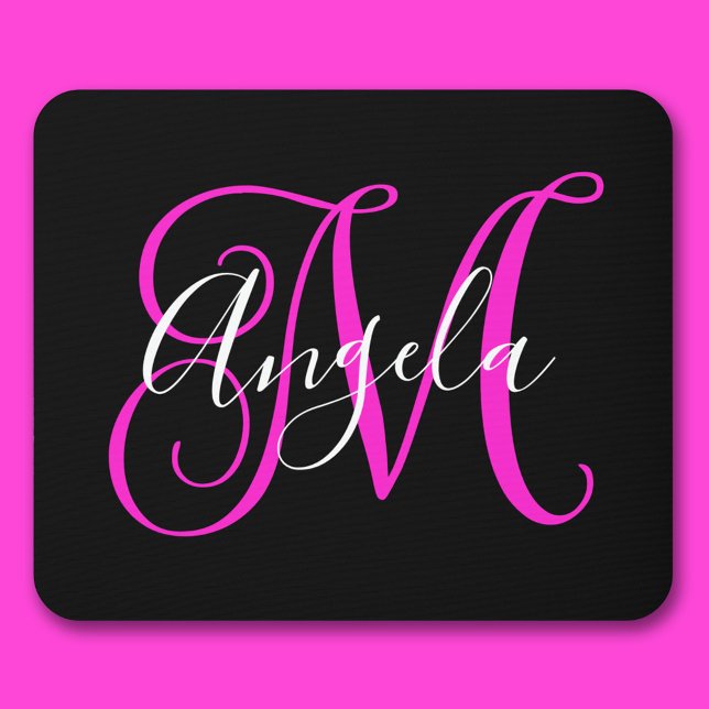Tapis De Souris Écriture Élégante Monogramme Noir Blanc Magenta Ch (Elegant Script Black White Hot Magenta Monogram Mouse Pad)