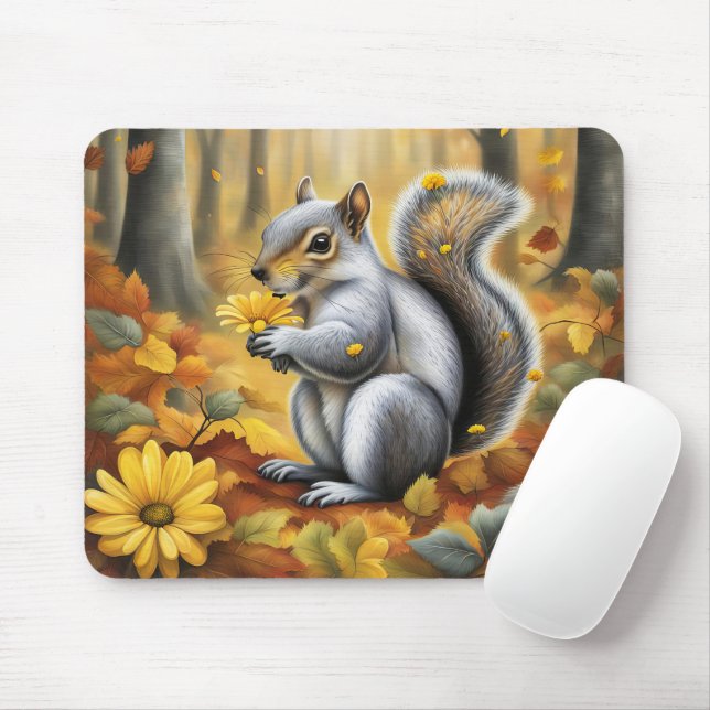 Tapis De Souris Écureuil avec marguerite jaune (Avec souris)