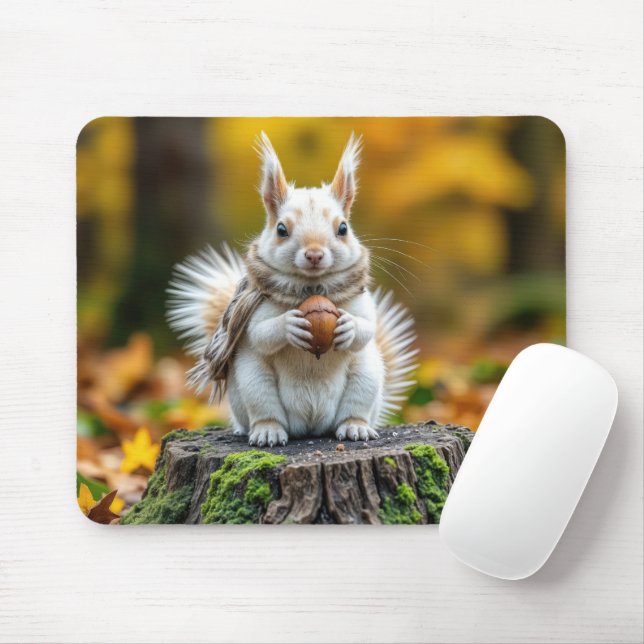 Tapis De Souris Écureuil blanc d'automne sur une souche d'arbre (Avec souris)
