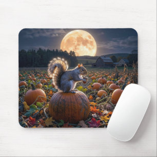 Tapis De Souris Écureuil dans un champ de citrouilles sous la lune
