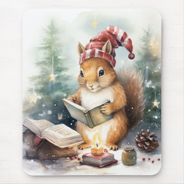 Tapis De Souris Écureuil de Noël lisant (Devant)