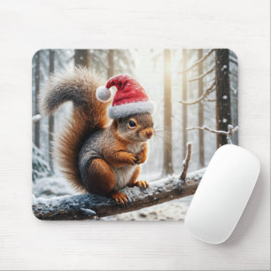 Tapis De Souris Écureuil de Noël sur la branche des arbres neigeux