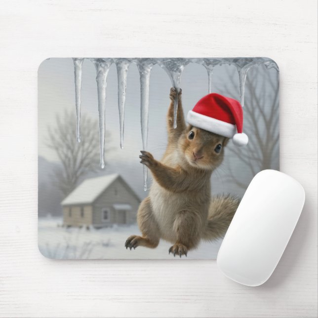 Tapis De Souris Écureuil de Noël suspendu à un glaçon (Avec souris)