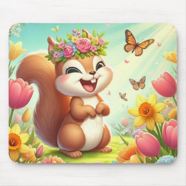 Tapis De Souris Écureuil du printemps mignon et heureux (Devant)