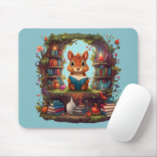 Tapis De Souris Écureuil lisant sur une étagère à livres ancienne