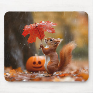 Tapis De Souris Écureuil mignon avec parapluie à feuilles - Pluie