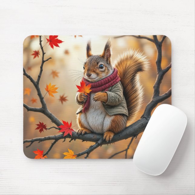 Tapis De Souris Écureuil tenant une feuille d'érable d'automne (Avec souris)