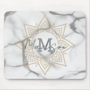 Tapis De Souris Effet Gris et Marbre blanc Or Mandala Monogramme