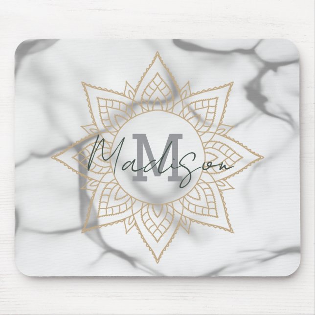 Tapis De Souris Effet Gris et Marbre blanc Or Mandala Monogramme (Devant)