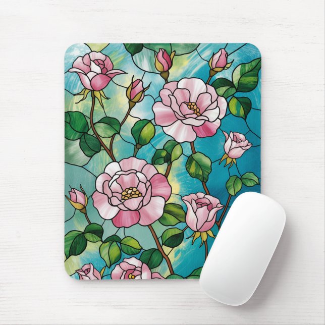 Tapis De Souris Effet Vitrail Floral Fleurs Roses Botanique (Avec souris)