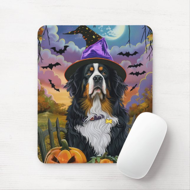 Tapis De Souris Éffrayant Bernese Mountain Halloween Citrouille so (Avec souris)