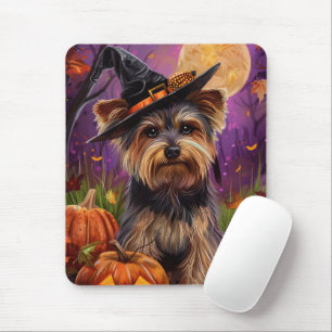 Tapis De Souris Éffrayant Biewer Terrier Halloween Witch Et Citrou