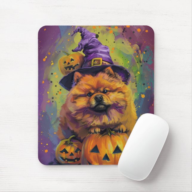 Tapis De Souris Éffrayant Chow Chow Chien Halloween sorcière et Ci (Avec souris)