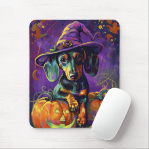 Tapis De Souris Éffrayant Dachshund Chien Halloween sorcière et Ci