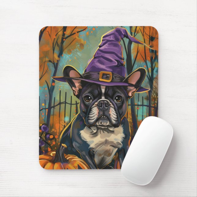 Tapis De Souris Éffrayant Français Bulldog Halloween sorcière et C (Avec souris)