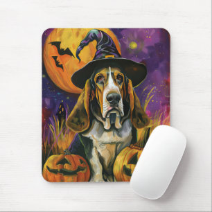 Tapis De Souris Éffrayant Halloween Hound Sorcière Et Citrouille